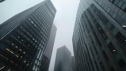 Tilted up shot camera city building structure mist fog sky.