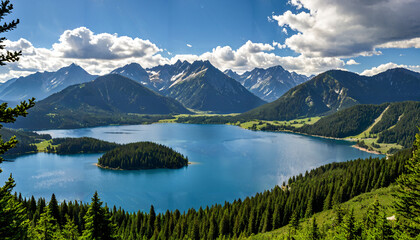 Naklejka premium Le paysage montagneux avec un lac et des arbres