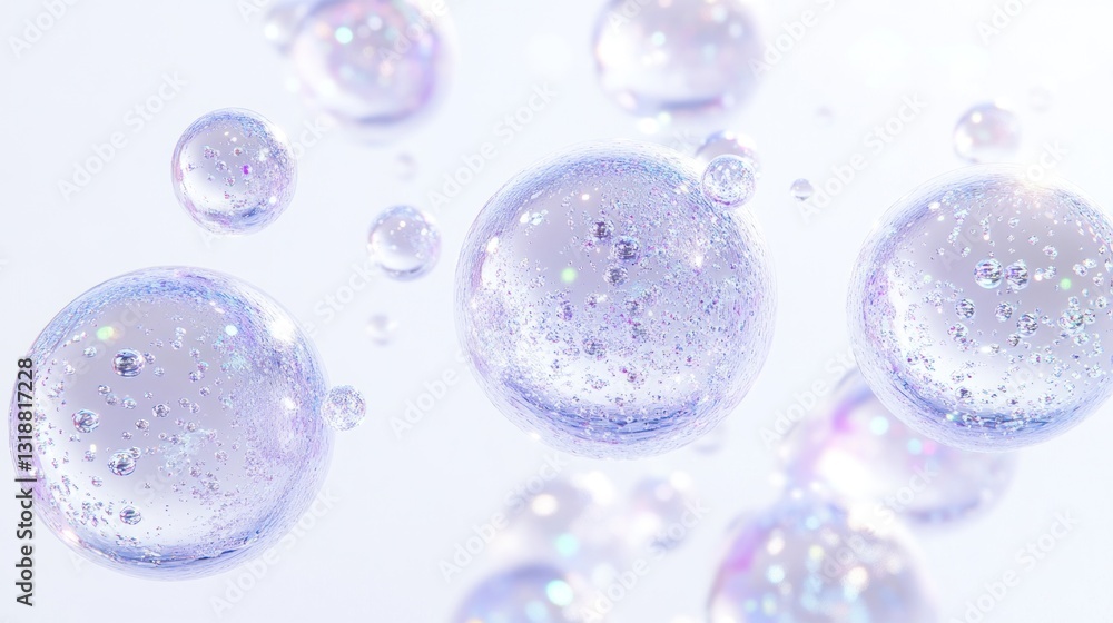 Poster abstract iridescent bubbles floating on a light background.