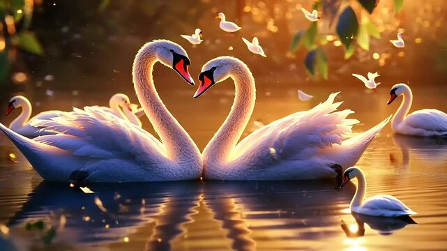 Two white swans form a heart silhouette on the lake, a vector symbol of love in nature