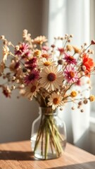 Soft focus captures the subtle hues of dried flowers, vase, serene