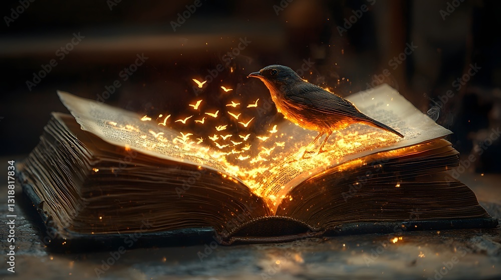 Poster flock of glowing birds emerging from the pages of an open illuminated book