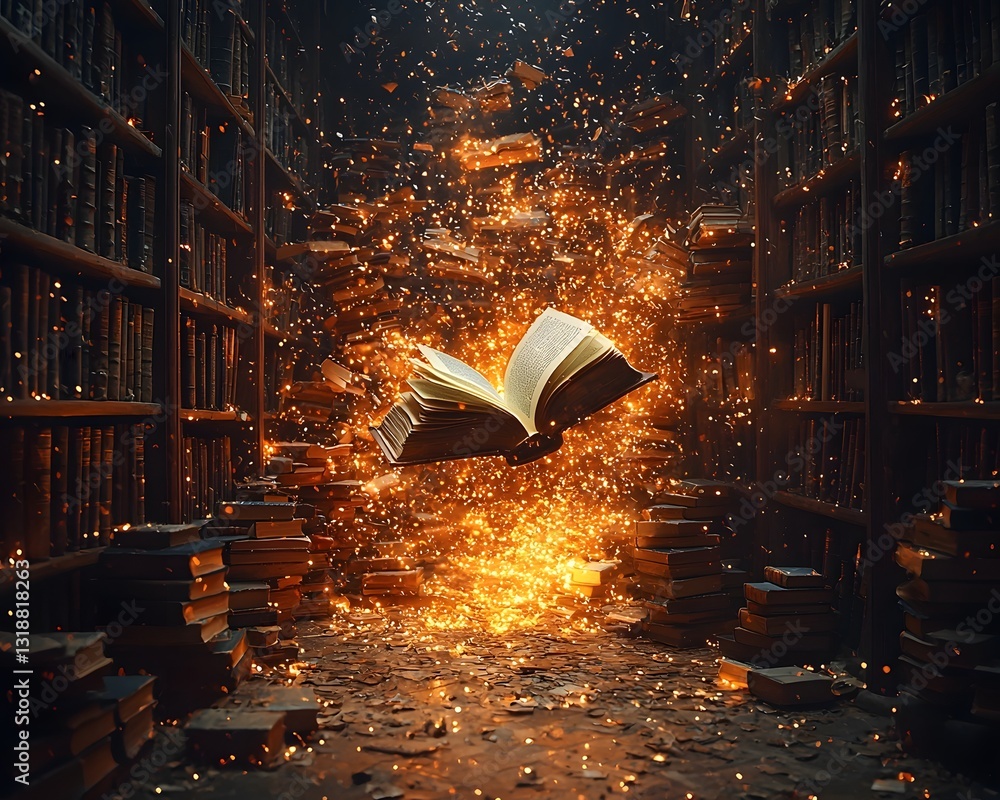 Poster mystical library of boundless knowledge floating books glowing with streaming threads of infinite wi