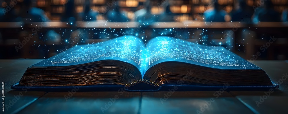 Poster futuristic classroom with glowing holographic book projector enabling interactive learning experienc