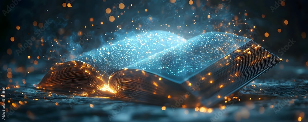 Poster futuristic classroom with glowing holographic book projecting interactive learning