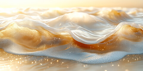 Wave in the ocean with a lot of white foam. The foam is scattered all over the wave, giving it a dreamy, ethereal quality. The water is a mix of white and brown