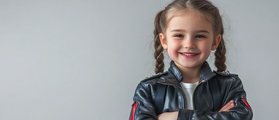 A young girl is wearing a leather jacket and smiling