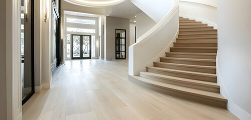 Obraz premium Elegant White Entryway with Wooden Curved Stairs and Light Oak Flooring.