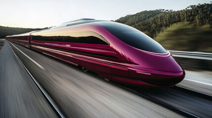 Fototapeta premium Futuristic high-speed magenta train on tracks through scenic forested landscape