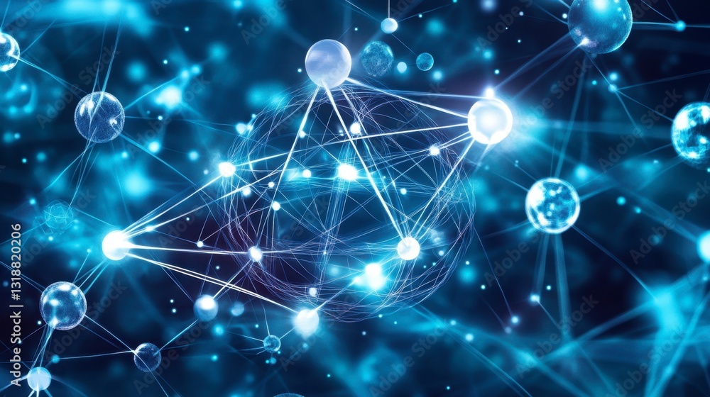 Poster vector illustration of atoms and molecules with interconnected lines in a futuristic digital pattern