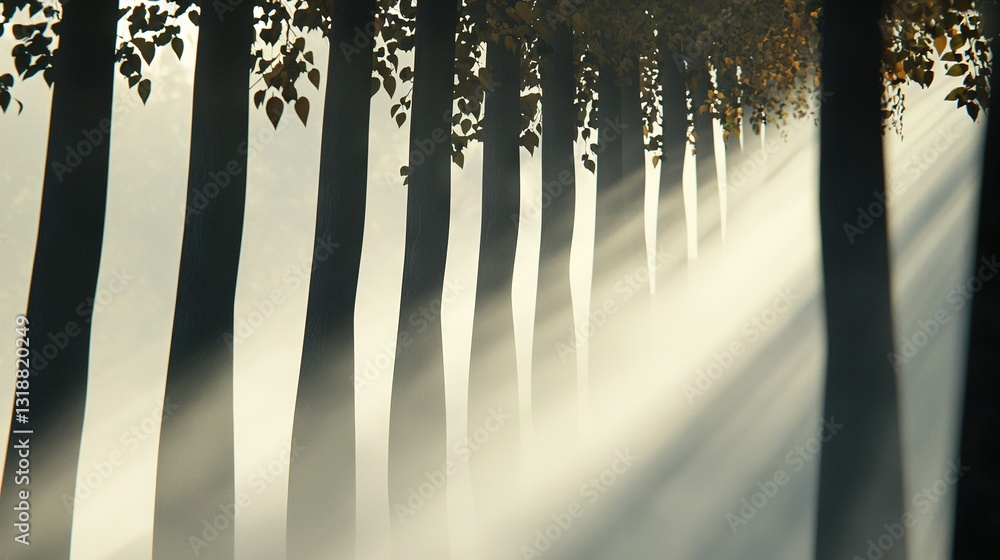 Poster a line of trees with sunlight filtering through them on the roadside in front of them