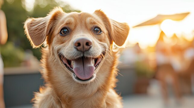 A vibrant therapy dog with a blurry background at a charity event radiating joy and positivity while engaging with attendees and volunteers