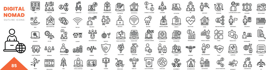 digital nomad outline icon collection. Vector illustration