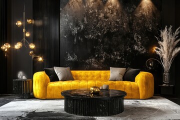 Luxury dark living room with a black wall, vibrant yellow sofa, and sleek Scandinavian-style furnishings, 3D rendering