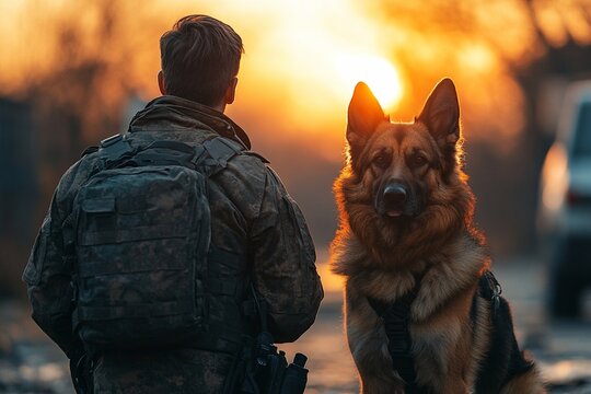Soldier and German Shepherd dog watch sunset in a serene moment after training session