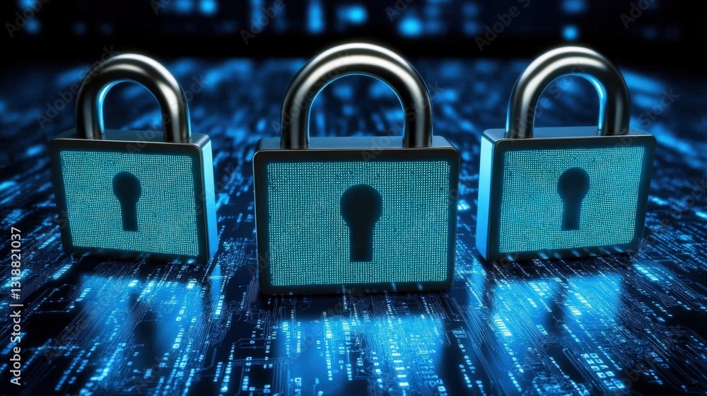 Poster three digital padlocks on a glowing data stream background symbolizing cybersecurity and protection