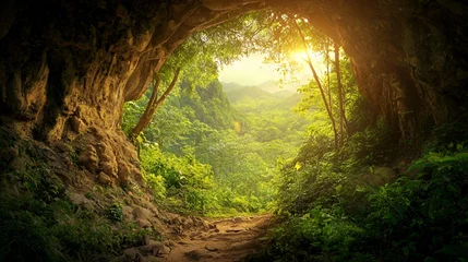 Selbstklebende Fototapeten Sunlit Jungle Path Emerging from Dark Cave Opening © Indra