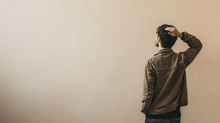 Frustrated consumer holding head, staring at blank wall with confused expression, isolated on neutral background, conveying consumer frustration and confusion.