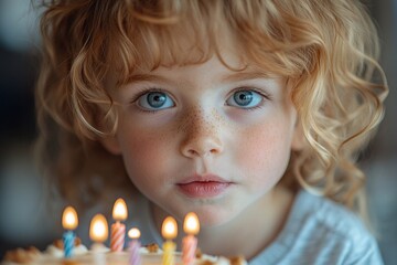 Young child with curly hair celebrates birthday with a cake and candles visible