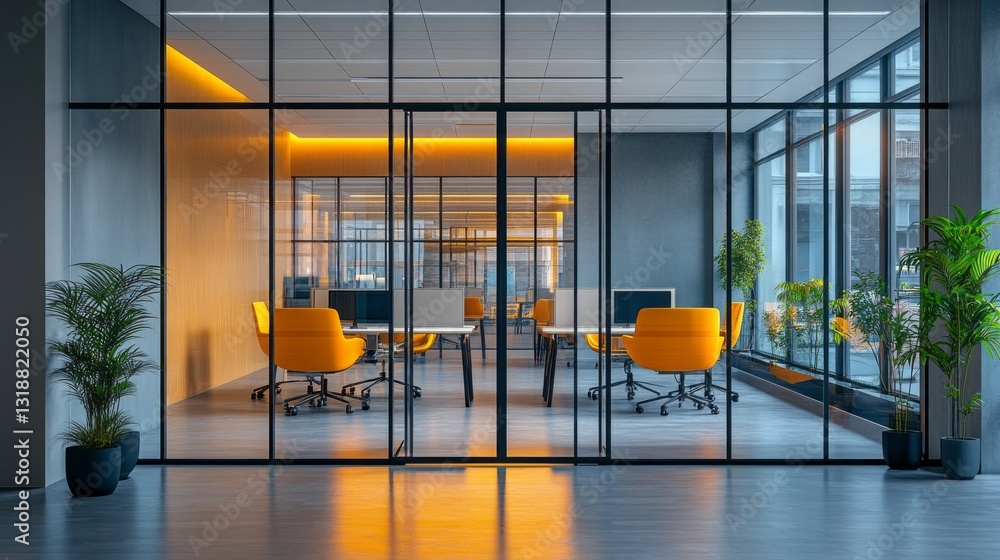 Poster an open-concept office features large windows letting in soft natural light, with orange chairs arou