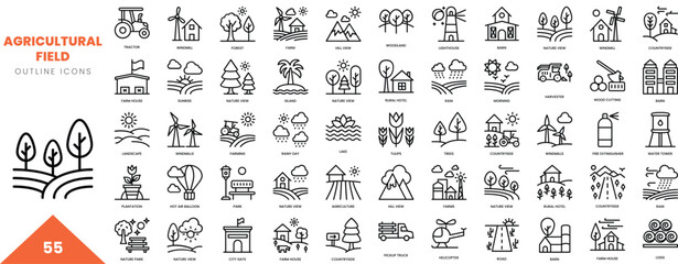 landscapes with agricultural field outline icon collection. Vector illustration