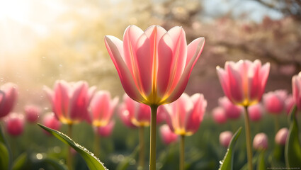 Obraz premium beautiful pink Tulip on blurred spring sunny background. bright pink tulip flower background for spring or love concept. beautiful natural spring scene, texture for design, copy space. banner