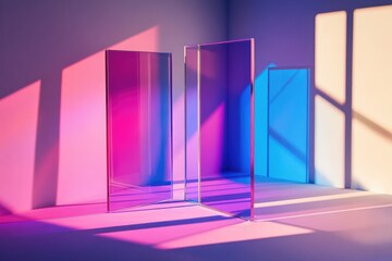 Modern geometric glass frames casting artistic blue and purple shadows in a studio setting