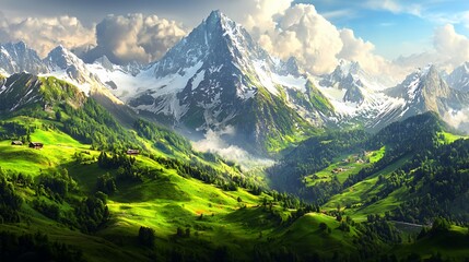 Fototapeta premium Majestic Snow-Capped Alpine Mountains and Lush Green Valley
