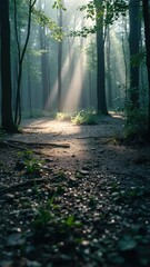 Misty forest floor glistens with dew droplets, mist, morning