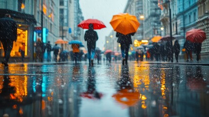 Naklejka premium As raindrops fall steadily, people walk down a bustling city street under a vibrant array of umbrellas, reflecting the colorful lights in deep puddles. The evening ambiance is packed with energy