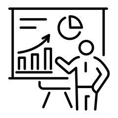 A character giving presentation on board, line style icon 