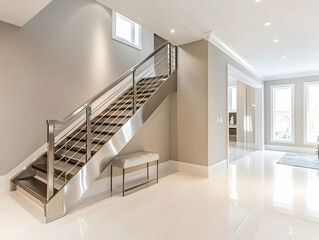 Sleek Light Gray Entryway with Stainless Steel Stairs and White Floors.
