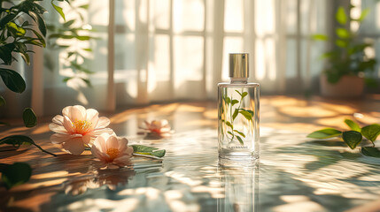 Bottle of perfume is on a table next to a vase of flowers. The flowers are pink and the bottle is clear. The scene is peaceful and calming, with the flowers