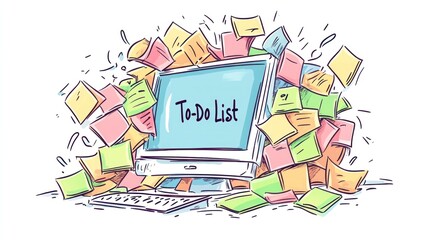 Overwhelmed computer, sticky notes, to-do list, busy office, project management