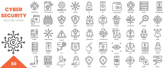 cyber security outline icon collection. Vector illustration