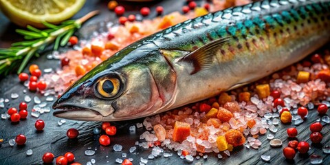 Close-up: Raw mackerel, Himalayan pink salt, and vibrant spices burst with color and texture.