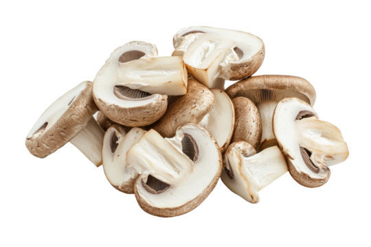 Sliced brown mushrooms, pile, isolated, studio