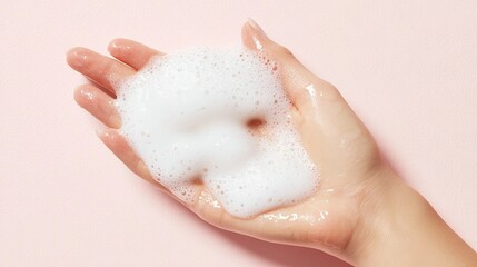   Hand holding foamy doughnut on pink background