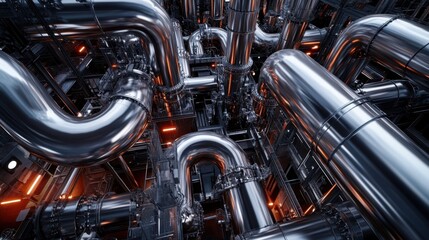 Fototapeta premium A complex network of metal pipes and valves in a chemical refinery.