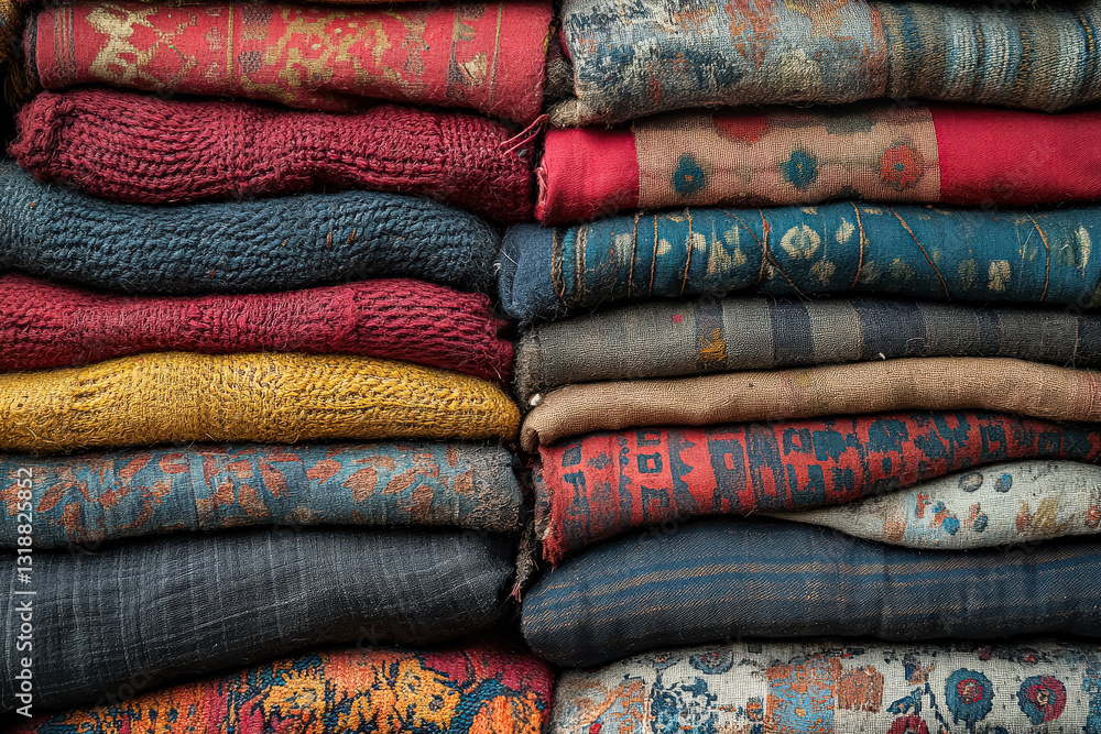 Poster pile of colorful blankets stacked on top of each other. the blankets are of different colors and pat