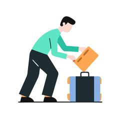 Traveler packing suitcase with enthusiasm in a colorful modern style