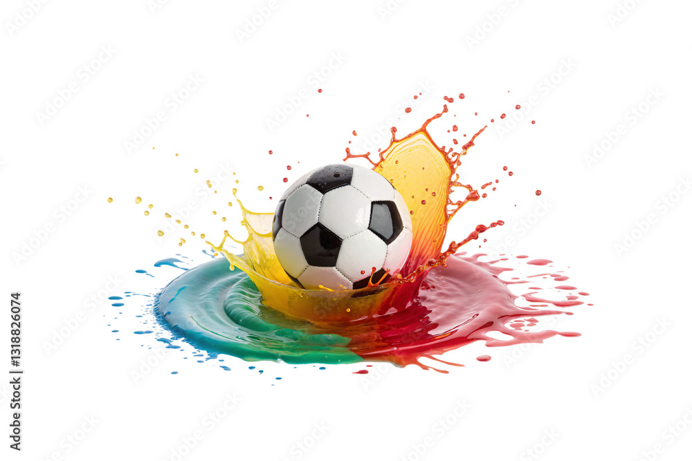Aufkleber a black-and-white soccer ball lands in a pool of multicolored paint, creating a dynamic explosion of
