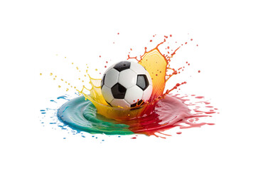 Naklejka premium A black-and-white soccer ball lands in a pool of multicolored paint, creating a dynamic explosion of red, yellow, green, and blue hues, isolated on a transparent background