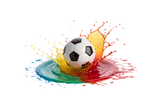 A black-and-white soccer ball lands in a pool of multicolored paint, creating a dynamic explosion of red, yellow, green, and blue hues, isolated on a transparent background