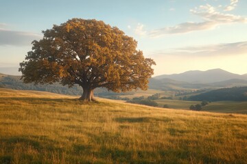 Obraz premium Solitary Tree on Hilltop at Sunset Golden Hour Light