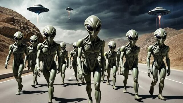 Extraterrestrial Parade: A Procession of Alien Beings Marching Towards the Future