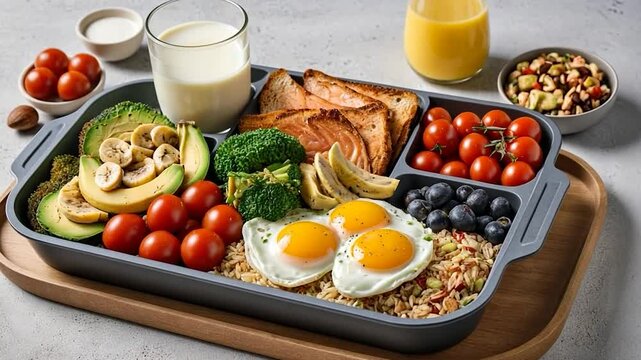 Balanced nutritional breakfast tray with varied healthy food portions