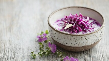   A white bowl filled with purple flowers sits atop a wooden table, alongside another white bowl holding the same hue of flowers
