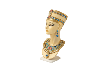A sculpted bust of Queen Nefertiti adorned with a golden headdress, blue gemstones, and an intricate beaded collar, exuding regal beauty and sophistication, isolated on a transparent background