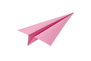 A sharply folded, pastel pink paper airplane with crisp edges, floating in mid-air, symbolizing childhood dreams, simplicity, and lighthearted playfulness, isolated on a transparent background